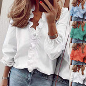 Bluze elegante de cămașă pentru femei cu volan, ocazional cu decolteu în V, cu mâneci lungi, topuri pentru femei, tunică, cămașă albă pentru femei, bluze de modă 18246