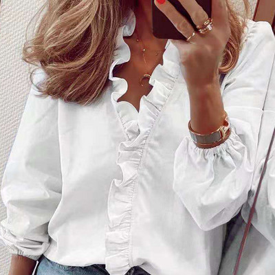 Bluze elegante de cămașă pentru femei cu volan, ocazional cu decolteu în V, cu mâneci lungi, topuri pentru femei, tunică, cămașă albă pentru femei, bluze de modă 18246
