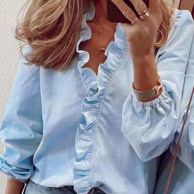 Bluze elegante de cămașă pentru femei cu volan, ocazional cu decolteu în V, cu mâneci lungi, topuri pentru femei, tunică, cămașă albă pentru femei, bluze de modă 18246