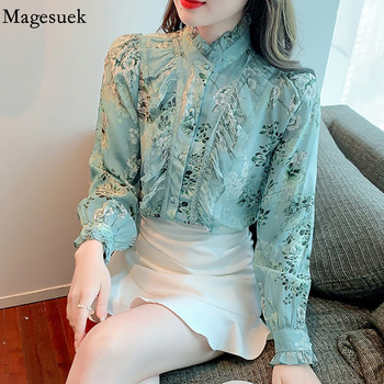 Κομψή γυναικεία μπλούζα με φλοράλ εμπριμέ 2023 Μόδα με μακρυμάνικο βολάν δαντέλα πουκάμισο με σταντ γιακά Vintage γυναικείες μπλούζες Top 18757