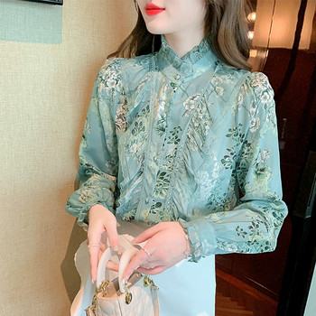 Елегантна блуза с флорални щампи Дамска 2023 г. Модна дантелена риза с волани и дълги ръкави Дамска яка със стойка Ретро дамски блузи Топ 18757