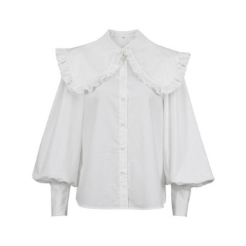 Винтидж бяла дамска блуза с волани, памучна риза с копчета с яка на Питър Пан Дамски топове 2022 г. Модни свободни ризи с буф ръкави 18738