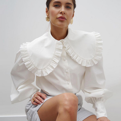 Dámska vintage volánová biela blúzka s golierom Peter Pan, bavlnená košeľa na gombíky, dámske topy 2022, módne voľné košele s nafúknutými rukávmi 18738