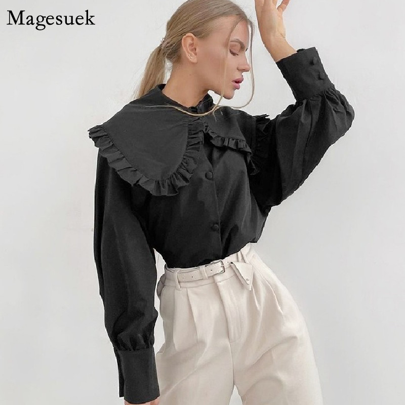 Dámska vintage volánová biela blúzka s golierom Peter Pan, bavlnená košeľa na gombíky, dámske topy 2022, módne voľné košele s nafúknutými rukávmi 18738