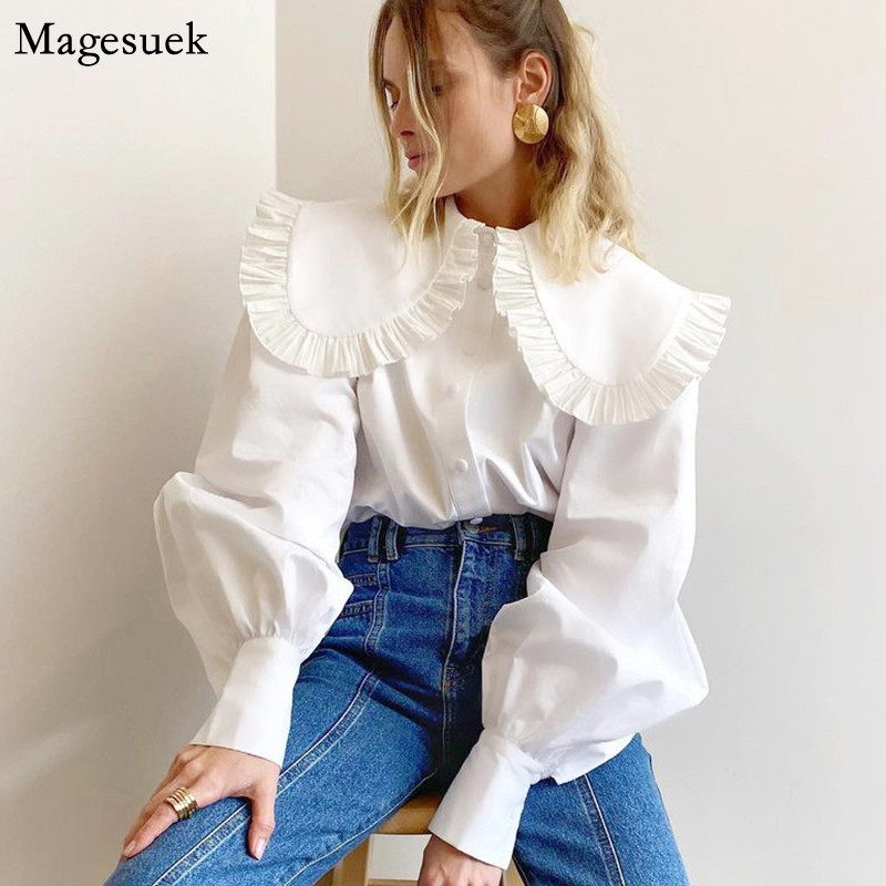 Dámska vintage volánová biela blúzka s golierom Peter Pan, bavlnená košeľa na gombíky, dámske topy 2022, módne voľné košele s nafúknutými rukávmi 18738
