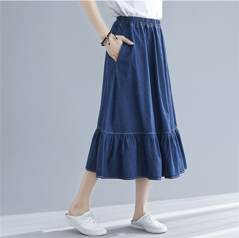 Fusta din denim cu volane de marca 2023 de toamnă, la modă pentru femei coreene cu talie înaltă Fuste de blugi din bumbac plisate, fuste de mărime plus 3XL 4XL