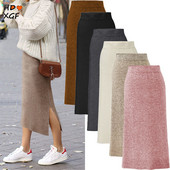 Plus Size 6xl Culoare uni Îngroșați fuste tricotate moda coreeană elastică cu talie înaltă fustă caldă despicată femei elegante fuste de iarnă