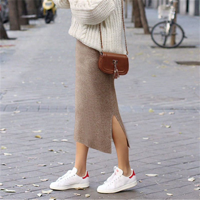 Plus Size 6xl Culoare uni Îngroșați fuste tricotate moda coreeană elastică cu talie înaltă fustă caldă despicată femei elegante fuste de iarnă