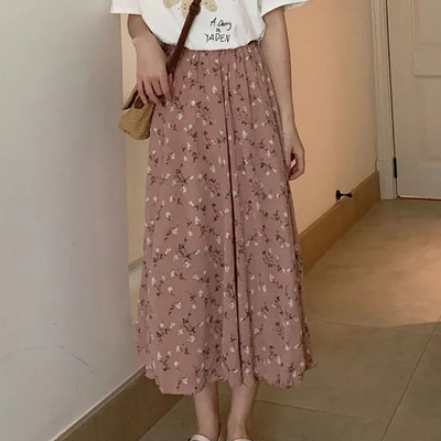 Fusta midi cu imprimare la modă coreeană de dimensiuni mari pentru femei, vară, plisată, elastică, cu talie înaltă, fustă lungă, ocazională, elegantă.