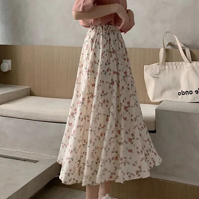 Fusta midi cu imprimare la modă coreeană de dimensiuni mari pentru femei, vară, plisată, elastică, cu talie înaltă, fustă lungă, ocazională, elegantă.