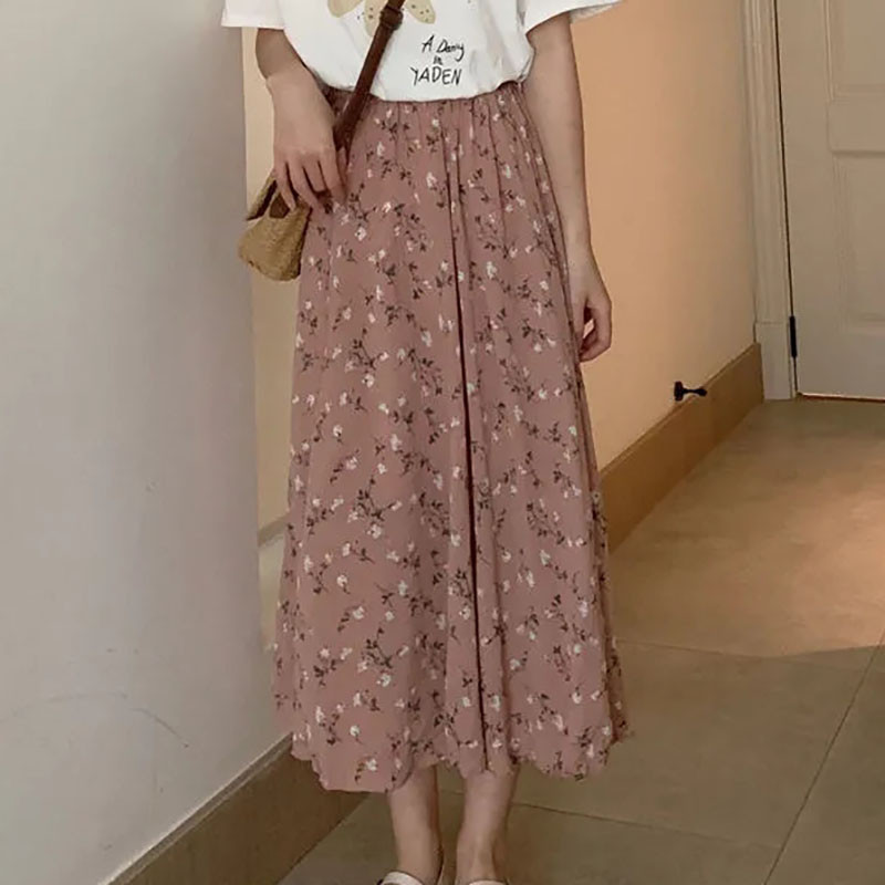 Fusta midi cu imprimare la modă coreeană de dimensiuni mari pentru femei, vară, plisată, elastică, cu talie înaltă, fustă lungă, ocazională, elegantă.