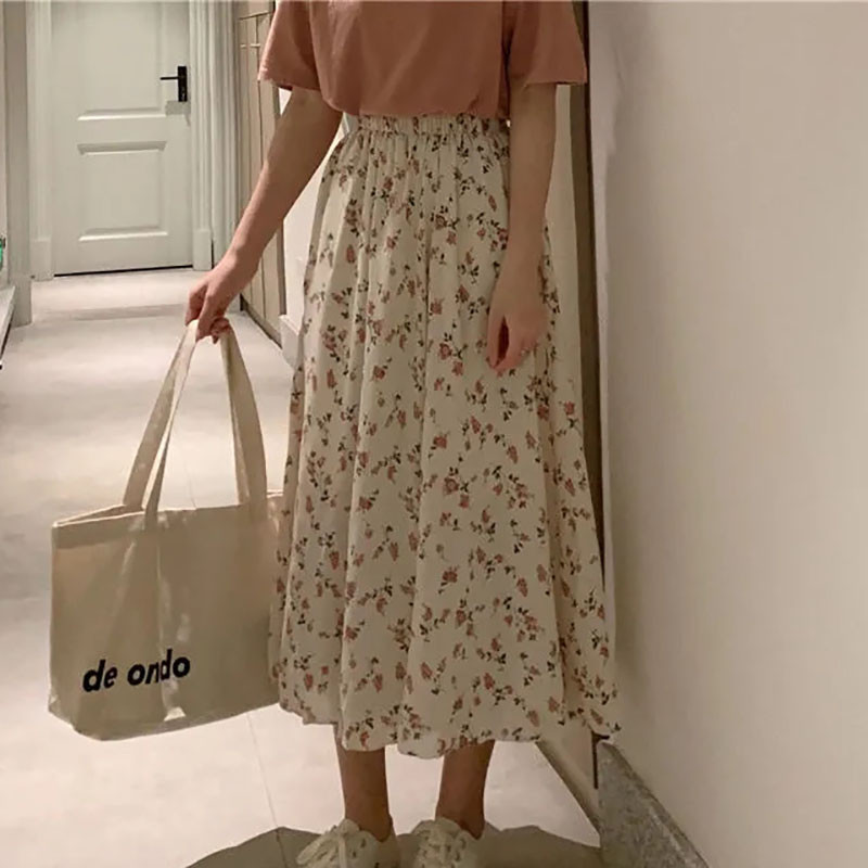 Fusta midi cu imprimare la modă coreeană de dimensiuni mari pentru femei, vară, plisată, elastică, cu talie înaltă, fustă lungă, ocazională, elegantă.