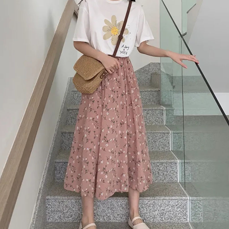Fusta midi cu imprimare la modă coreeană de dimensiuni mari pentru femei, vară, plisată, elastică, cu talie înaltă, fustă lungă, ocazională, elegantă.