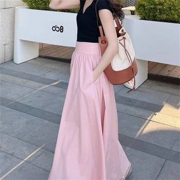 Elegant Pink Plus μέγεθος 40-100kg Πλισέ φούστες Καλοκαιρινό φθινόπωρο Ελαστική ψηλόμεση φούστα τσέπη Φούστα σε γραμμή Α Μόδα Γυναικεία μακριά φούστα