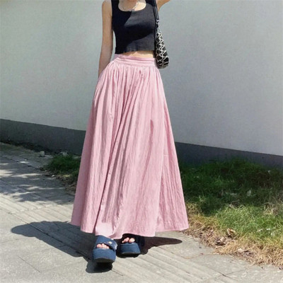 Elegant Pink Plus μέγεθος 40-100kg Πλισέ φούστες Καλοκαιρινό φθινόπωρο Ελαστική ψηλόμεση φούστα τσέπη Φούστα σε γραμμή Α Μόδα Γυναικεία μακριά φούστα