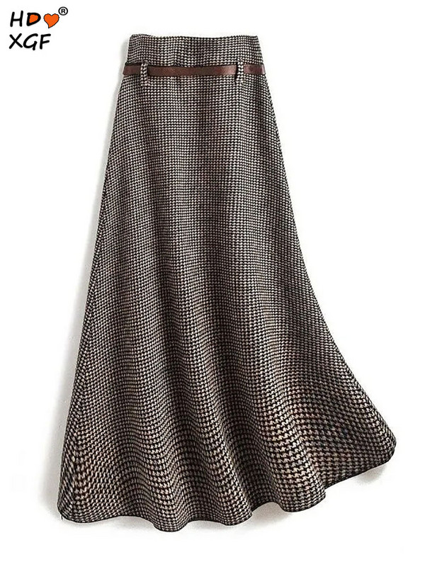 Toamnă Iarnă Elastic A-line Talie înaltă Fusta mijlocie lejeră Fusta de lână cu imprimeu de picior de gală Vintage Temperament Femei Fusta Dimensiune Plus