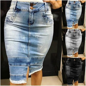 Fuste Denim De Vară Femei Cusături Spălate Fusta Jeans Dimensiune Plus Fusta Lungimea La Genunchi Fusta Ciucuri