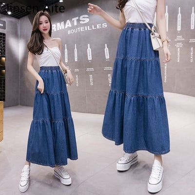 Jinsen Aite Plus Size M-6XL Γυναικεία τζιν φούστα Maxi μακριές τζιν φούστες Κορίτσι πλισέ Harajuku Mujer Faldas Blue Vintage φούστα