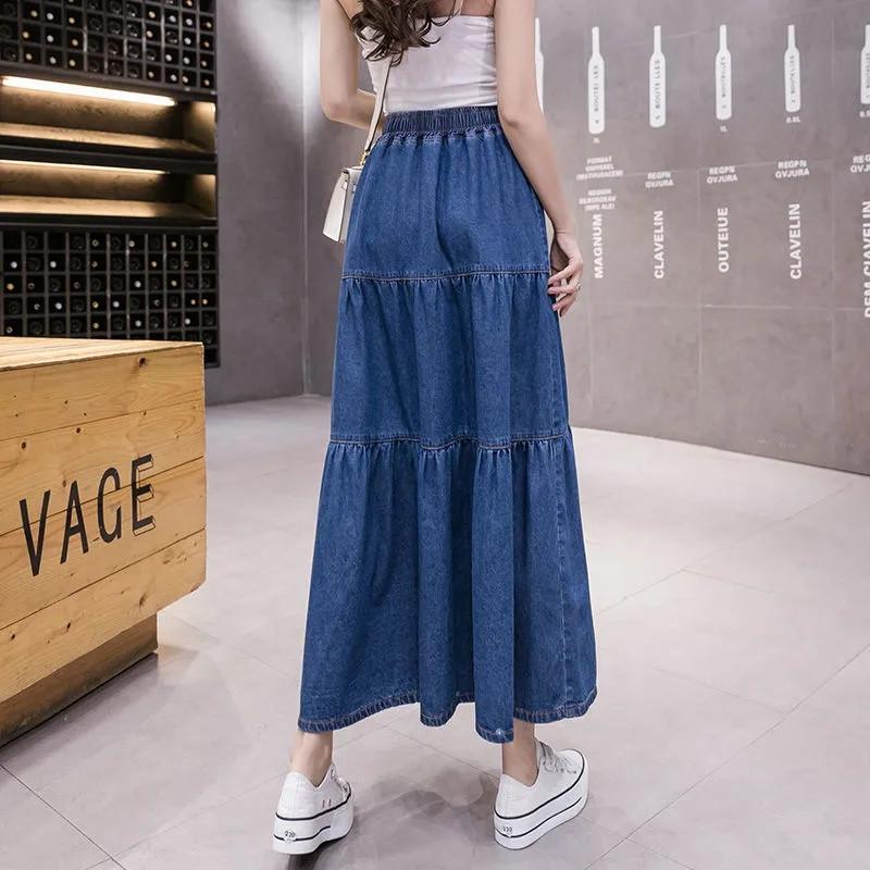 Duga teksas suknja Žene 2023. Proljeće ljeto Novi korejski stil Elastični visoki struk Patchwork Midi suknja A kroja Jeans suknje velikih veličina