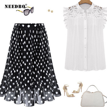 NEEDBO Fashion Chiffon Φούστα Πλισέ Μαύρη Πουά Midi Γυναικεία φούστα Holiday Beach Plus Size Ελαστική ψηλόμεση γυναικείες φούστες