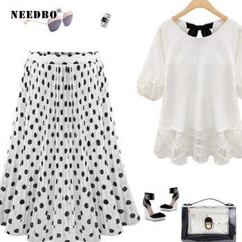 NEEDBO Fashion Chiffon Φούστα Πλισέ Μαύρη Πουά Midi Γυναικεία φούστα Holiday Beach Plus Size Ελαστική ψηλόμεση γυναικείες φούστες