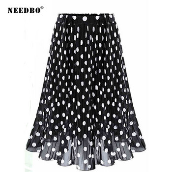 NEEDBO Fashion Chiffon Φούστα Πλισέ Μαύρη Πουά Midi Γυναικεία φούστα Holiday Beach Plus Size Ελαστική ψηλόμεση γυναικείες φούστες