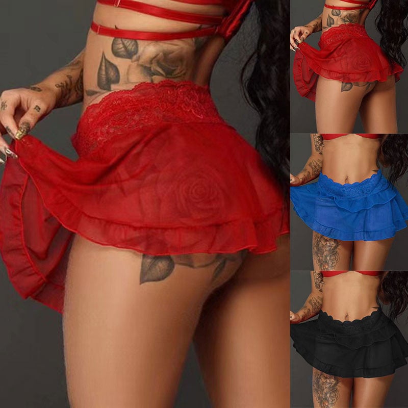 2PC Seksi prozirna mini suknja visokog struka Čipkasti šavovi Mrežasto erotično donje rublje s T stražnjim tangama Modna plesačica Party Club