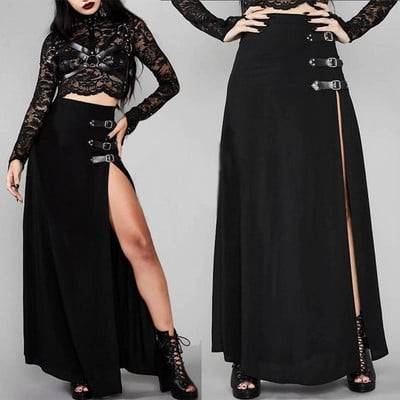 Fuste gotice Femei Fuste Maxi Split înalte Steampunk Negru A Linie Fusta cu curele cu cataramă lungă Cosplay Plus Size Fuste sexy pentru femei