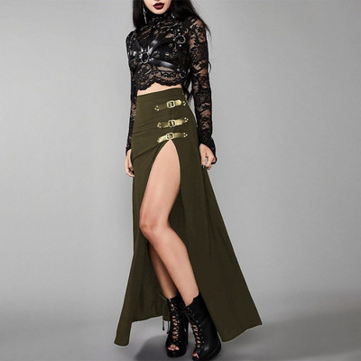 Fuste gotice Femei Fuste Maxi Split înalte Steampunk Negru A Linie Fusta cu curele cu cataramă lungă Cosplay Plus Size Fuste sexy pentru femei