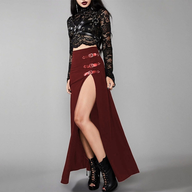 Fuste gotice Femei Fuste Maxi Split înalte Steampunk Negru A Linie Fusta cu curele cu cataramă lungă Cosplay Plus Size Fuste sexy pentru femei