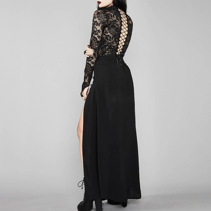 Fuste gotice Femei Fuste Maxi Split înalte Steampunk Negru A Linie Fusta cu curele cu cataramă lungă Cosplay Plus Size Fuste sexy pentru femei