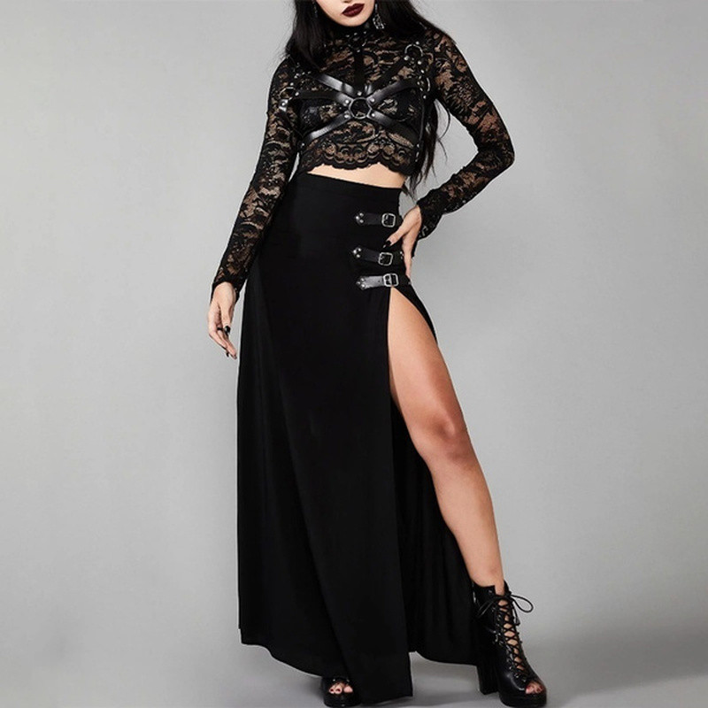 Fuste gotice Femei Fuste Maxi Split înalte Steampunk Negru A Linie Fusta cu curele cu cataramă lungă Cosplay Plus Size Fuste sexy pentru femei