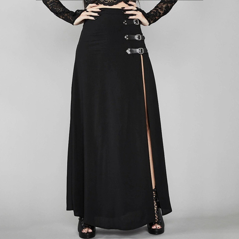 Fuste gotice Femei Fuste Maxi Split înalte Steampunk Negru A Linie Fusta cu curele cu cataramă lungă Cosplay Plus Size Fuste sexy pentru femei
