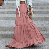 Fusta lungă pentru femei, S-5XL, mărime Plus, primăvară, vară, cu volane, plisată, cu talie elastică, până la podea, fustă maxi, vacanță pe plajă