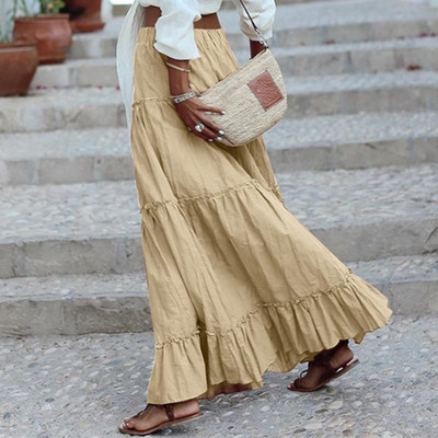 Fusta lungă pentru femei, S-5XL, mărime Plus, primăvară, vară, cu volane, plisată, cu talie elastică, până la podea, fustă maxi, vacanță pe plajă