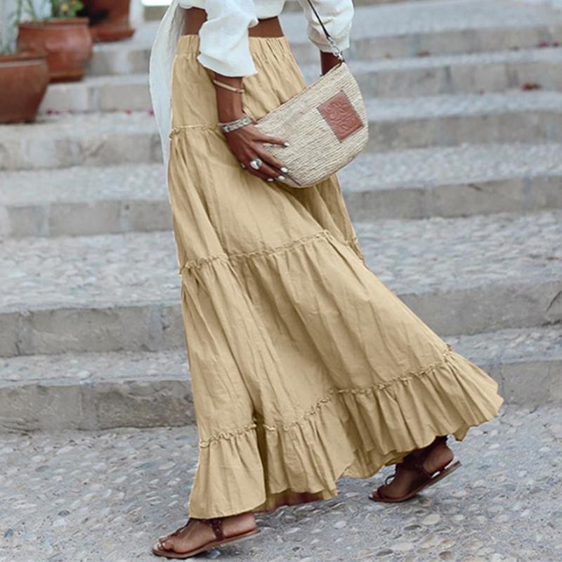 Fusta lungă pentru femei, S-5XL, mărime Plus, primăvară, vară, cu volane, plisată, cu talie elastică, până la podea, fustă maxi, vacanță pe plajă