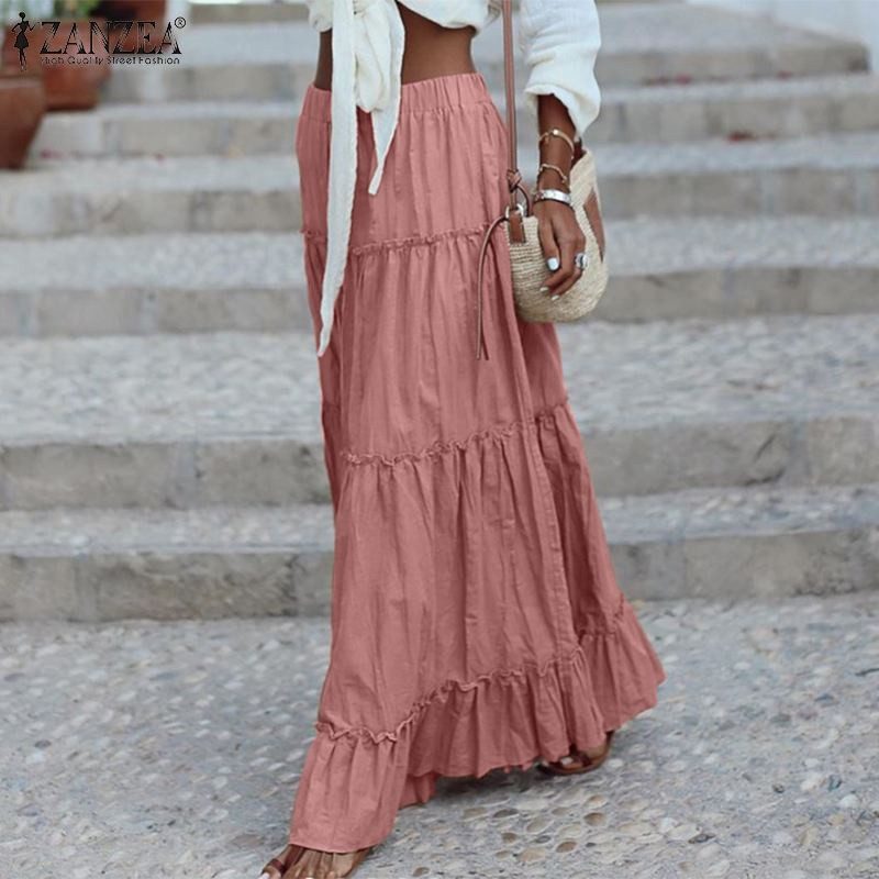 Fusta lungă pentru femei, S-5XL, mărime Plus, primăvară, vară, cu volane, plisată, cu talie elastică, până la podea, fustă maxi, vacanță pe plajă