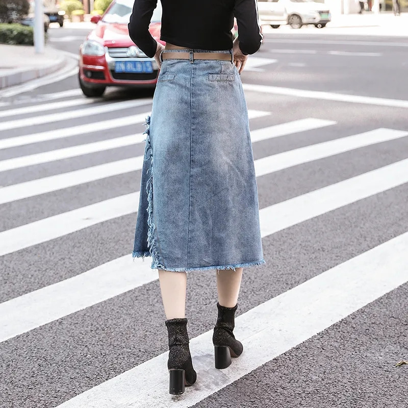 Îmbrăcăminte pentru femei 2023, primăvară, vară, femei, mărime, nouă, denim lung, midi, epocă, fustă asimetrică cu talie înaltă Jupe Faldas pentru femei
