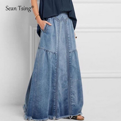 Sean Tsing® S-4XL Плюс размер Дънкови поли Дамски Еластична талия Ежедневни свободни сини каубойски дълги поли Vintage Faldas Mujer Moda 2023