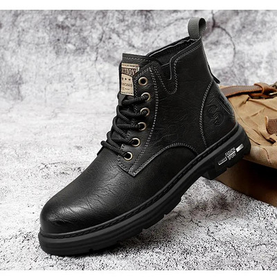 Muške jesenske zimske kožne visoke ležerne čizme Debeli potplat Neklizajući britanski stil Ležerne radne čizme Plišane tople pamučne čizme