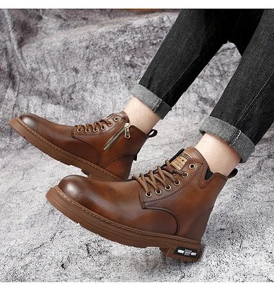 Muške jesenske zimske kožne visoke ležerne čizme Debeli potplat Neklizajući britanski stil Ležerne radne čizme Plišane tople pamučne čizme