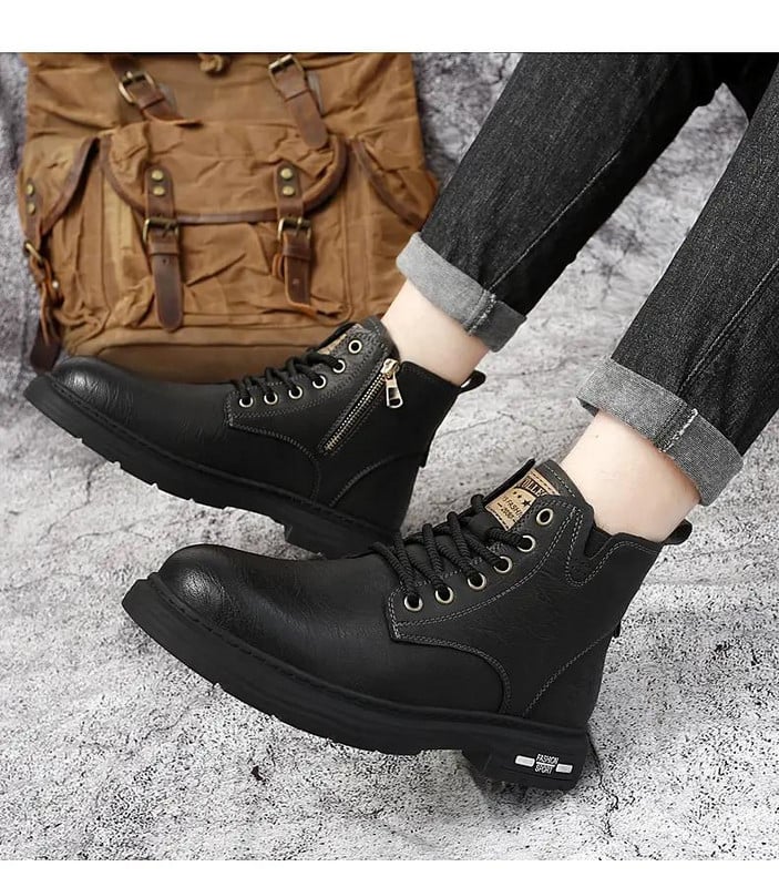 Muške jesenske zimske kožne visoke ležerne čizme Debeli potplat Neklizajući britanski stil Ležerne radne čizme Plišane tople pamučne čizme