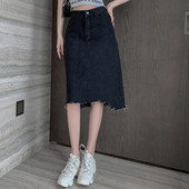 S-5XL Fusta de blugi pentru femei, la modă de vară, cu talie înaltă, cu linie A, cu blugi, cu tiv zdrențuit.