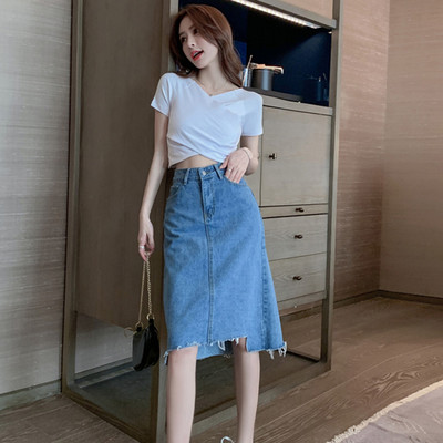 S-5XL Fusta de blugi pentru femei, la modă de vară, cu talie înaltă, cu linie A, cu blugi, cu tiv zdrențuit.