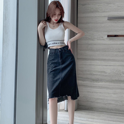 S-5XL Fusta de blugi pentru femei, la modă de vară, cu talie înaltă, cu linie A, cu blugi, cu tiv zdrențuit.