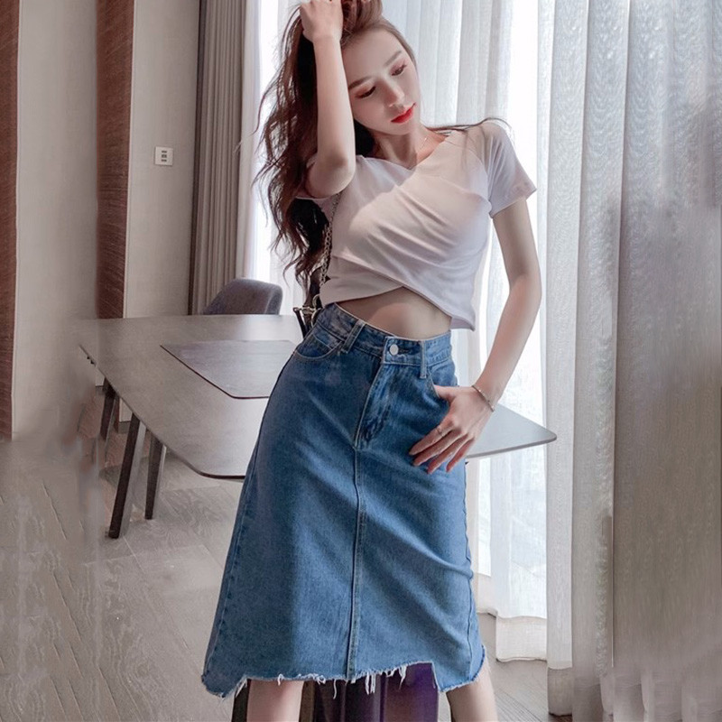S-5XL Fusta de blugi pentru femei, la modă de vară, cu talie înaltă, cu linie A, cu blugi, cu tiv zdrențuit.