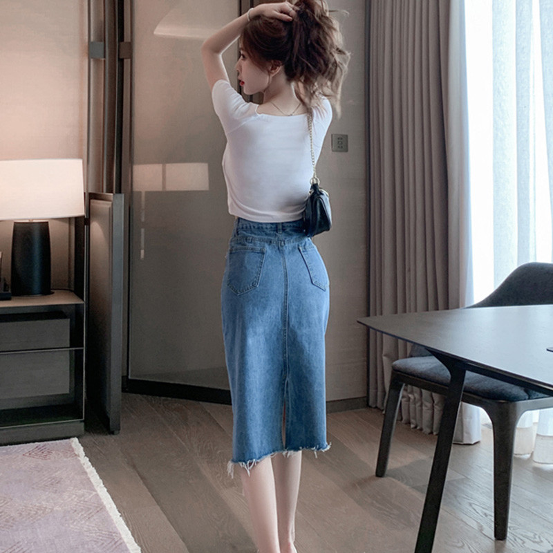 S-5XL Fusta de blugi pentru femei, la modă de vară, cu talie înaltă, cu linie A, cu blugi, cu tiv zdrențuit.