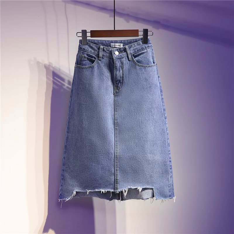 S-5XL Fusta de blugi pentru femei, la modă de vară, cu talie înaltă, cu linie A, cu blugi, cu tiv zdrențuit.