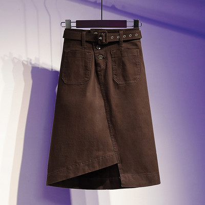 S-5XL Fusta de blugi de talie înaltă pentru femei, mărime mare, fustă neregulată în formă de A, chic, simplitate, până la genunchi, kaki