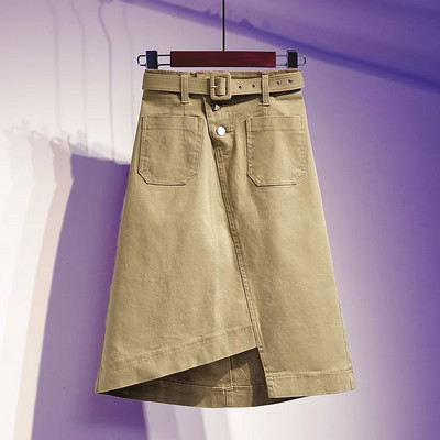 S-5XL Fusta de blugi de talie înaltă pentru femei, mărime mare, fustă neregulată în formă de A, chic, simplitate, până la genunchi, kaki